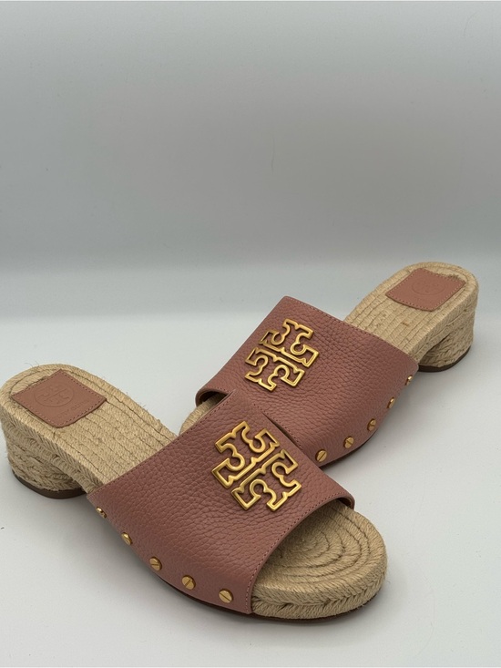 Tory Burch Shoes - Tory Burch Britten Espadrille Leather Slide Sandals Mules Pink Moon Gold Logo